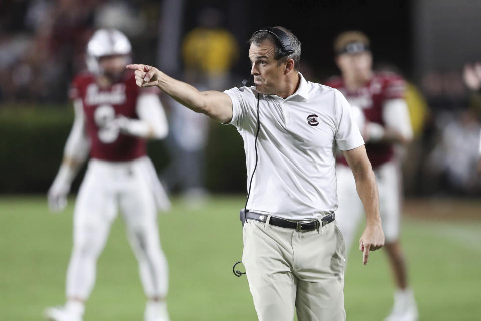 South Carolina head coach Shane Beamer points at his defense after forcing a turnover during the second half of an NCAA college football game against Mississippi State on Saturday, Sept. 23, 2023, in Columbia, S.C. (AP Photo/Artie Walker Jr.)