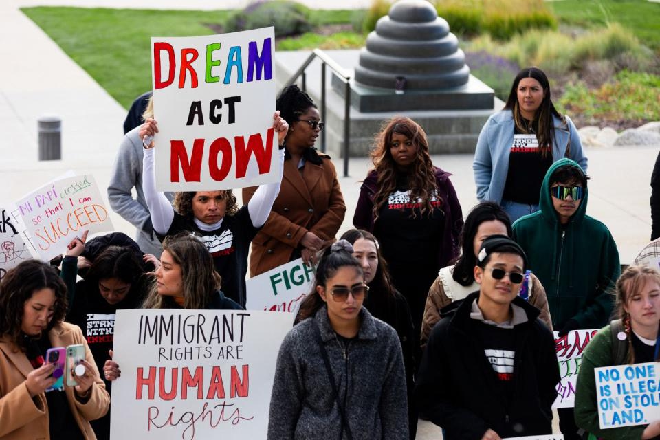 Attendees gather at the "I Stand with All Immigrants Rally" in front of the Utah Capitol in Salt Lake City on Saturday.