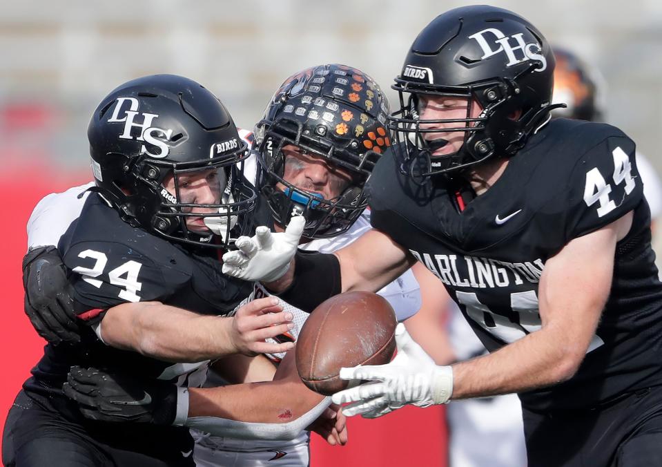 Stratford High School's Landon Zawislan (56) tackles Darlington High School's Breylin Goebel (24) as he pitches the ball toTye Crist (44) during their Division 6 state championship football game on Thursday, November 16, 2023, at Camp Randall Stadium in Madison, Wis.
Wm. Glasheen USA TODAY NETWORK-Wisconsin