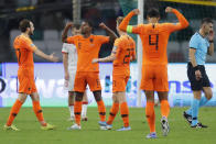 Netherlands' Giliano Wijnaldum, second from left, celebrates after scoring a goal during the Euro 2020 group C qualifying soccer match between Belarus and Netherlands at the Dinamo stadium in Minsk, Belarus, Sunday, Oct. 13, 2019. (AP Photo/Sergei Grits)