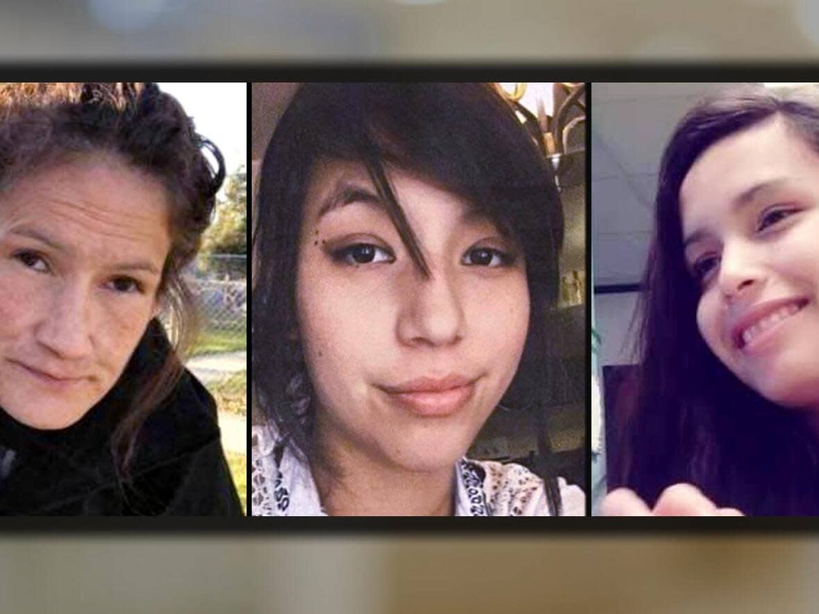 Left to right: Morgan Harris, Marcedes Myran and Rebecca Contois. Jeremy Skibicki has admitted to killing those three women and another who remains unidentified and has been given the name Mashkode Bizhiki'ikwe, or Buffalo Woman, by community leaders. Skibicki has pleaded not guilty. (Submitted by Winnipeg Police Service and Darryl Contois - image credit)