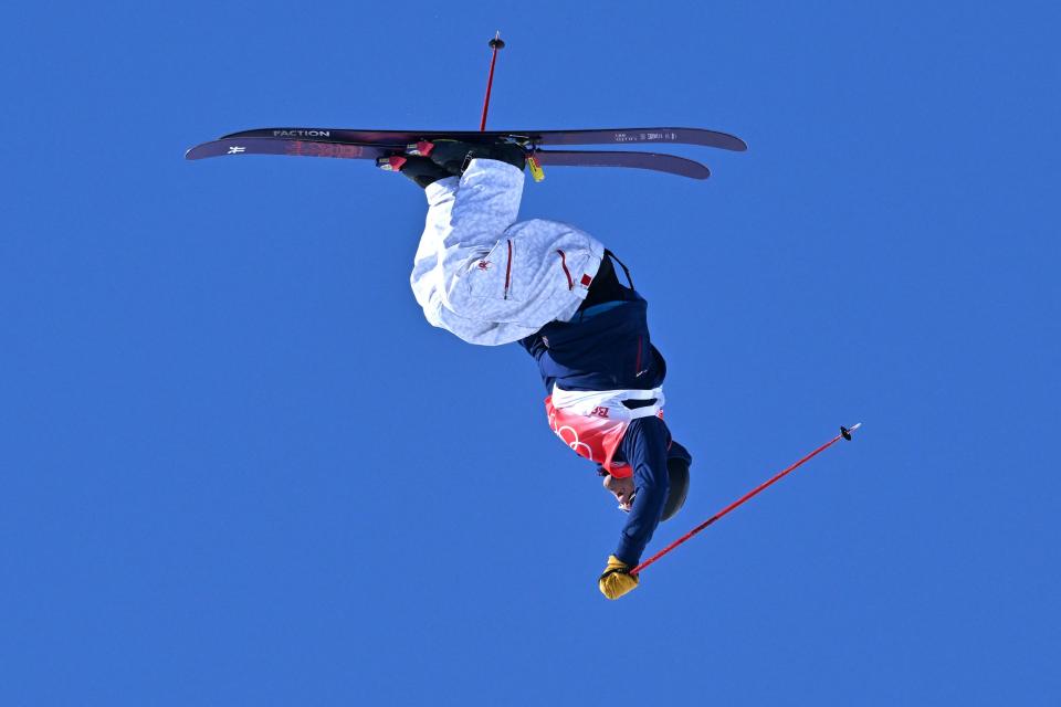 USA's Alex Hall competes in the freestyle skiing men's freeski slopestyle final run during the Beijing 2022 Winter Olympic Games at the Genting Snow Park H & S Stadium in Zhangjiakou on February 16, 2022. (Photo by Ben STANSALL / AFP) (Photo by BEN STANSALL/AFP via Getty Images)