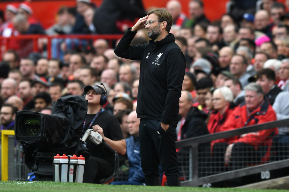 <p>Jurgen Klopp can hardly believe what he is seeing as Rashford makes it 2-0 </p>