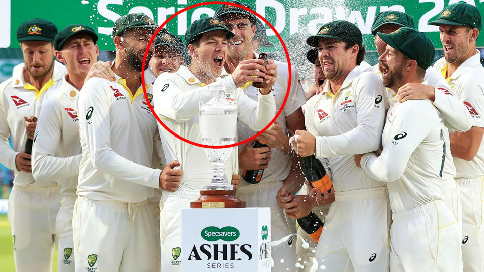 Tim Paine, pictured here celebrating retaining the Ashes urn. Image: Getty