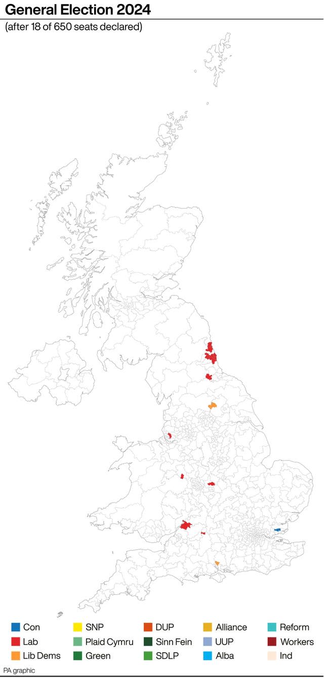 General Election 2024 seats map after 18 of 650 seats declared