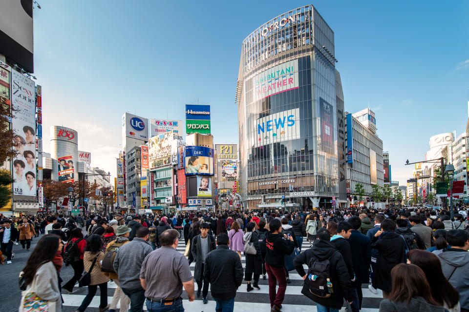 Tokyo, Japan view of Shibuya Crossing, one of the busiest crosswalks in Tokyo and in the world