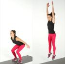 <ul> <li>Stand with your feet shoulder-width apart.</li> <li>Start by doing a regular <a href="http://fitsugar.com/65569" class="link rapid-noclick-resp" rel="nofollow noopener" target="_blank" data-ylk="slk:squat">squat</a>, then engage your core and jump up explosively.</li> <li>When you land, lower your body back into the squat position to complete one rep. Land as quietly as possible, which requires control.</li> </ul>