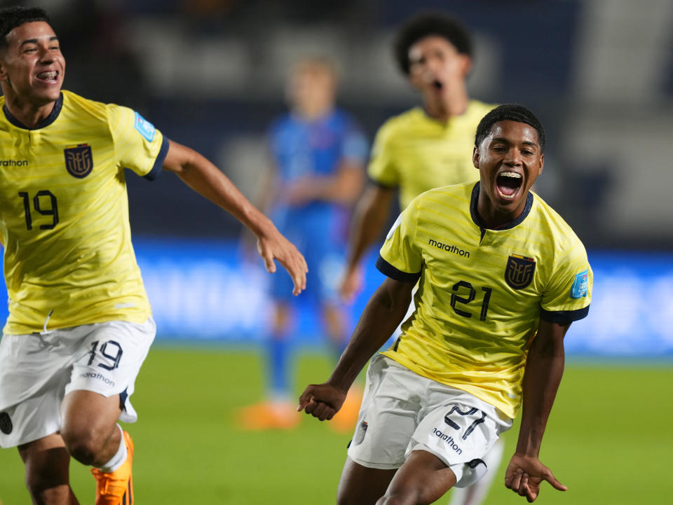 Ecuador's Jose Klinger (21) celebrates after scoring his side's second goal against Slovakia during a FIFA U-20 World Cup Group B soccer match at San Juan stadium in San Juan, Argentina, Tuesday, May 23, 2023. (AP Photo/Natacha Pisarenko)