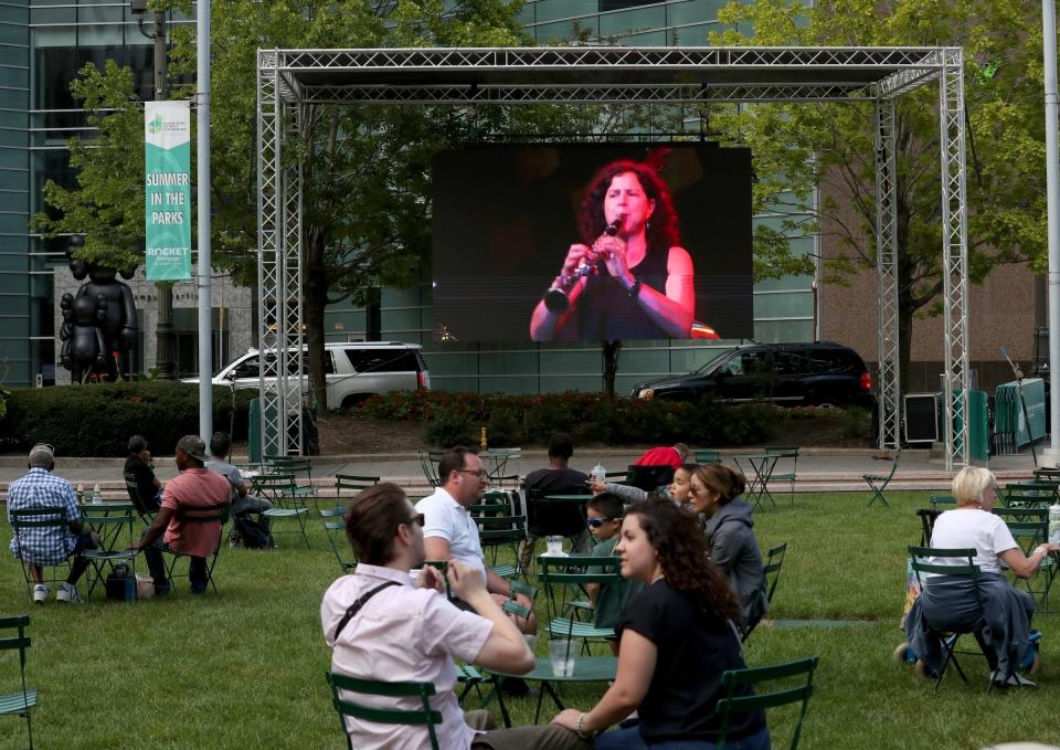 Jazz lovers gathered at Campus Martius to watch clarinetist Anat Cohen via livestream during last year's Detroit Jazz Fest on Sept. 5, 2021.