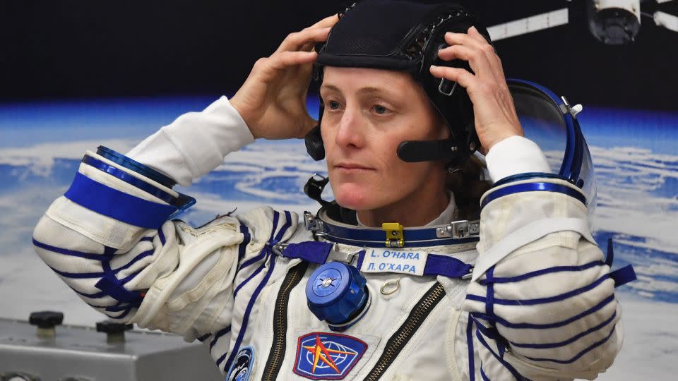 NASA astronaut Loral O'Hara, a member of the International Space Station Expedition 70-71 main crew, has her spacesuit tested during pre-launch preparations in Kazakhstan on September 15, 2023. - Vyacheslav Oseledko/AFP/Getty Images