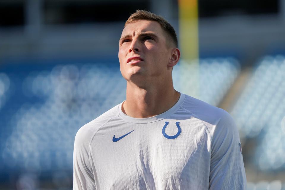 Indianapolis Colts wide receiver Alec Pierce (14) warms up Sunday, Nov. 5, 2023, ahead of a game against the Carolina Panthers at Bank of America Stadium in Charlotte.