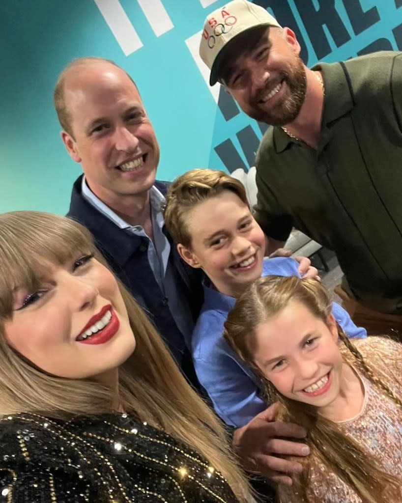 Taylor Swift and Travis Kelce posed for a selfie with Prince William, Prince George, and Princess Charlotte on the first night of the Eras Tour stop in London. Taylor Swift/instagram