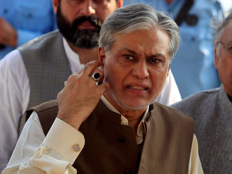 Pakistan's Finance Minister Ishaq Dar is seen after a party meeting in Islamabad