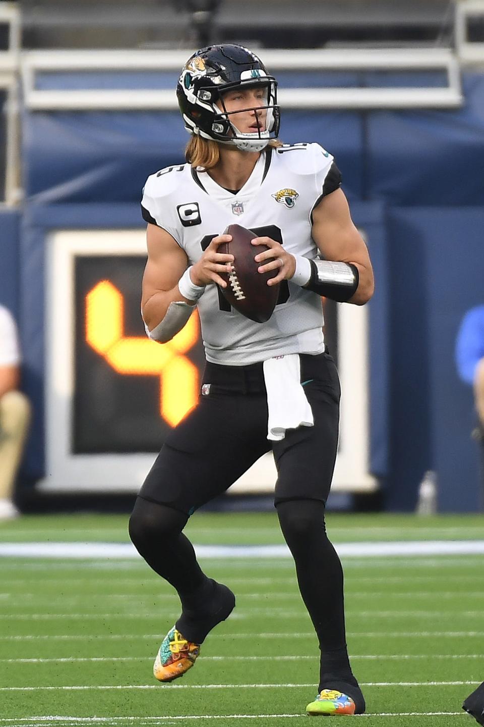 Dec 5, 2021; Inglewood, California, USA; Jacksonville Jaguars quarterback Trevor Lawrence (16) drops back to pass against the Los Angeles Rams in the second quarter at SoFi Stadium. Mandatory Credit: Richard Mackson-USA TODAY Sports