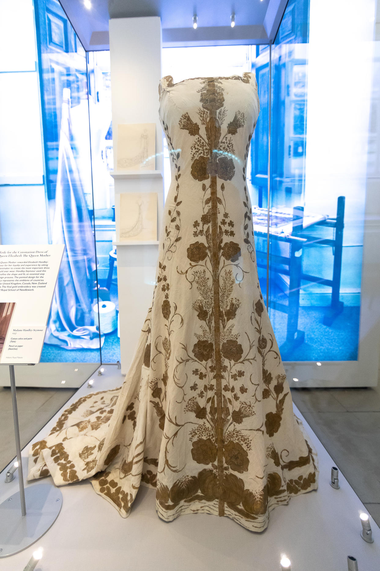 LONDON, ENGLAND - JUNE 02: A rare surviving toile for the 1937 coronation gown of Queen Elizabeth The Queen Mother; consort of King George VI. Created by London based court designer Madame Handley-Seymour on display during the 