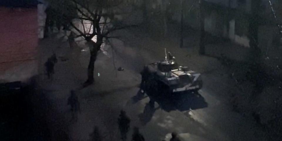 A military tank is seen on a street of Kherson, Ukraine March 1, 2022, in this screen grab from a video obtained by Reuters on March 2, 2022. VIDEO OBTAINED BY REUTERS/via REUTERS THIS IMAGE HAS BEEN SUPPLIED BY A THIRD PARTY.