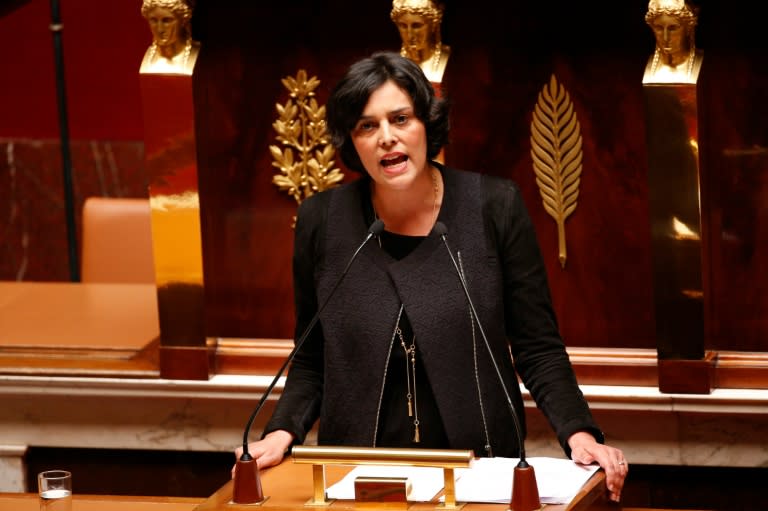 French Labour Minister Myriam El-Khomri (C) delivers a speech prior to the vote on a controversial labour reform bill, on May 3, 2016 at the French National assembly in Paris