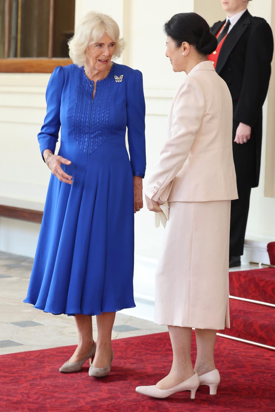 LONDON, ENGLAND - JUNE 27: Queen Camilla speaks with Empress Masako of Japan as she formally bids farewell on the final day of their state visit to the United Kingdom at Buckingham Palace on June 27, 2024 in London, England. (Photo by Chris Jackson/Getty Images)
