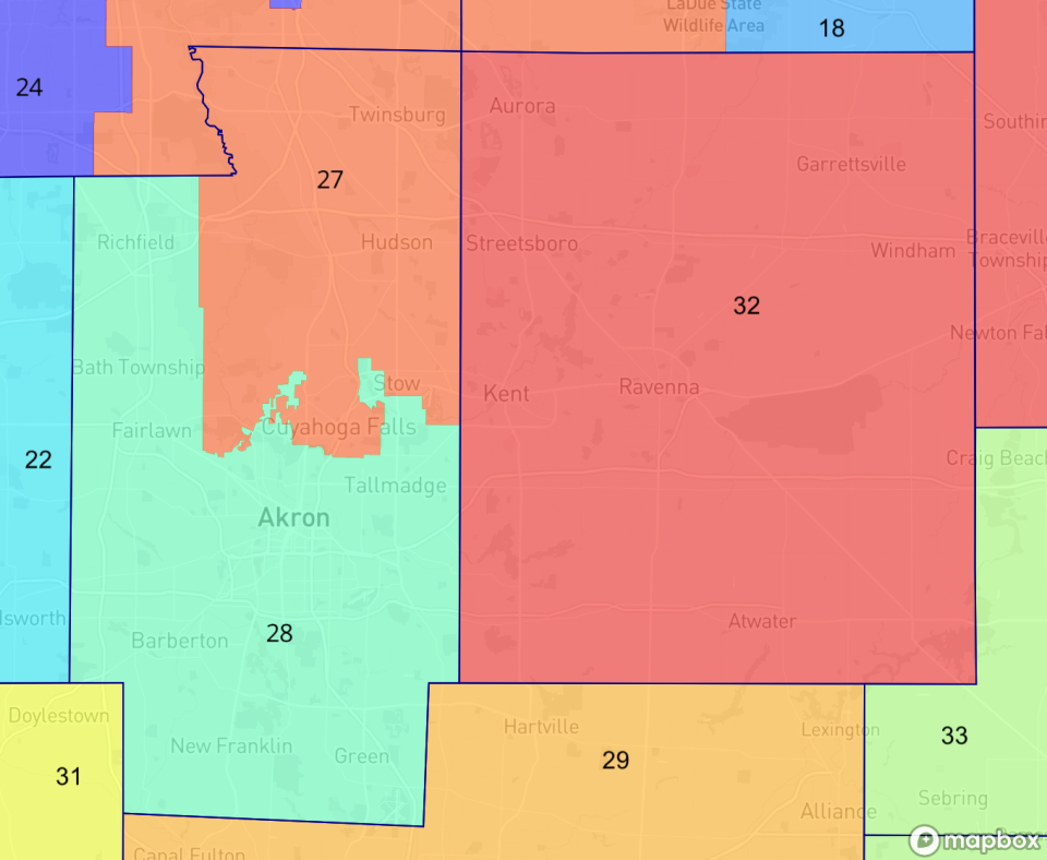 Democrat plan for Senate seats: This screenshot from Dave's Redistricting, an electoral mapping program that promotes civic engagement, shows the proposed boundaries of Ohio Senate districts for Summit and Portage counties under the Democrats' proposal.