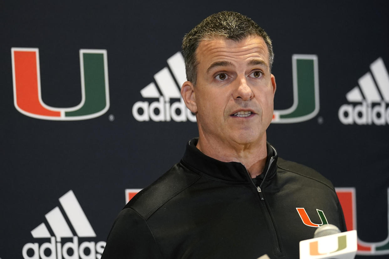 Miami head coach Mario Cristobal speaks during a news conference on signing day for college football, Wednesday, Feb. 2, 2022, in Coral Gables, Fla. (AP Photo/Lynne Sladky)