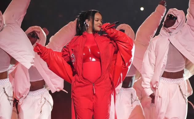 Rihanna performing at the 2023 Super Bowl Halftime Show on February 12, 2023 in Glendale, Arizona. 