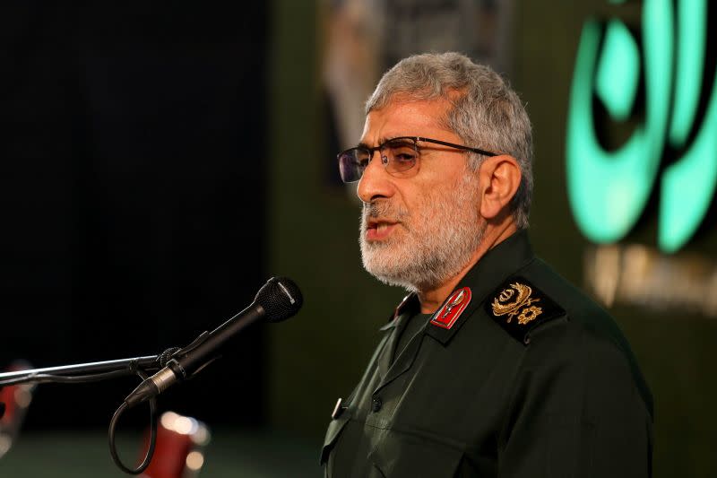 Brigadier General Esmail Ghaani Head of Iran’s elite Quds force, gives a speech during a ceremony to mark the one year anniversary of the killing of senior Iranian military commander General Qassem Soleimani in a U.S. attack, in Tehran