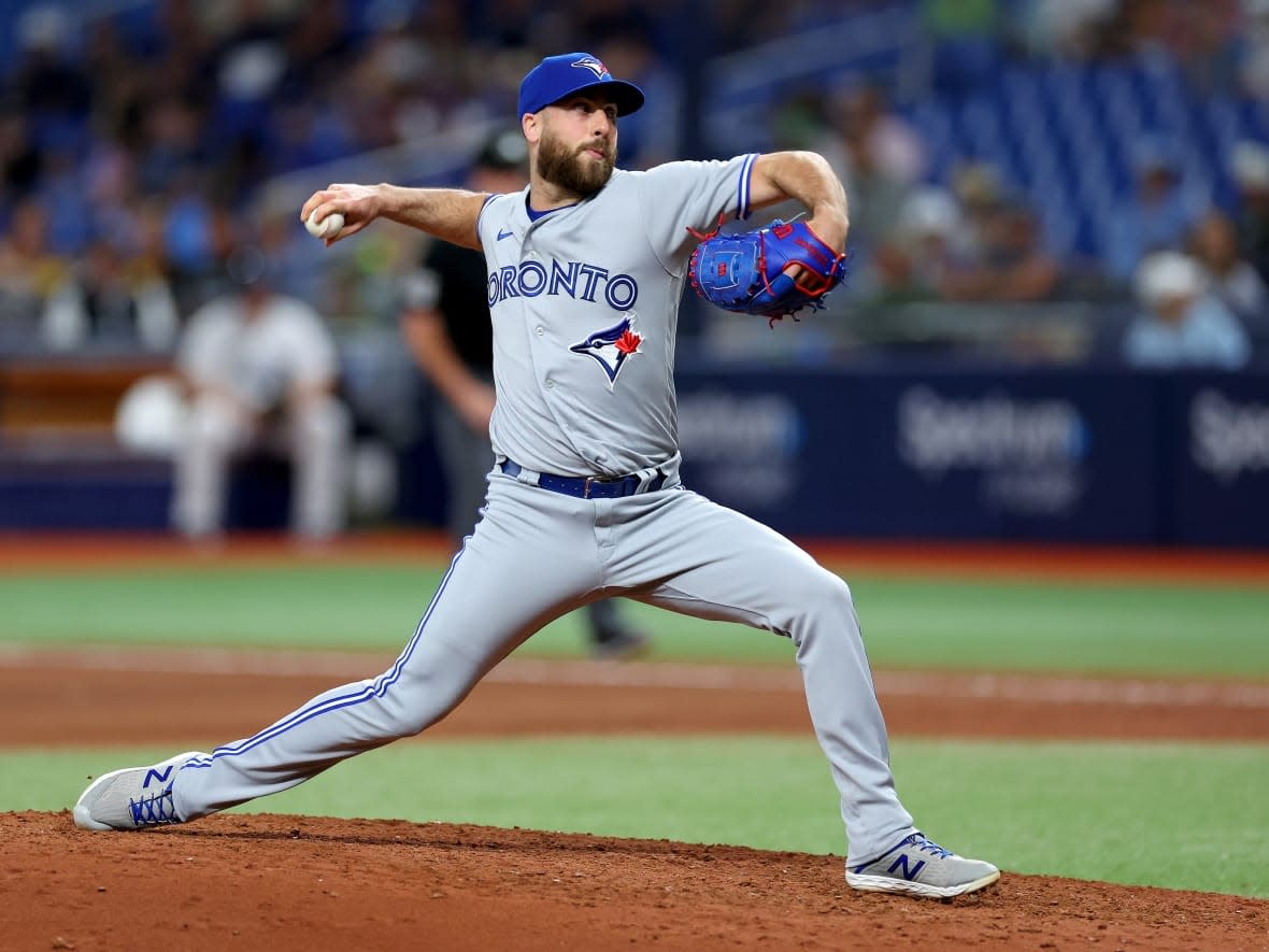 Anthony Bass, of the Toronto Blue Jays, pitches in the seventh inning during a game against the Tampa Bay Rays at Tropicana Field in St Petersburg, Fla., on May 22, 2023. (Mike Ehrmann/Getty Images - image credit)