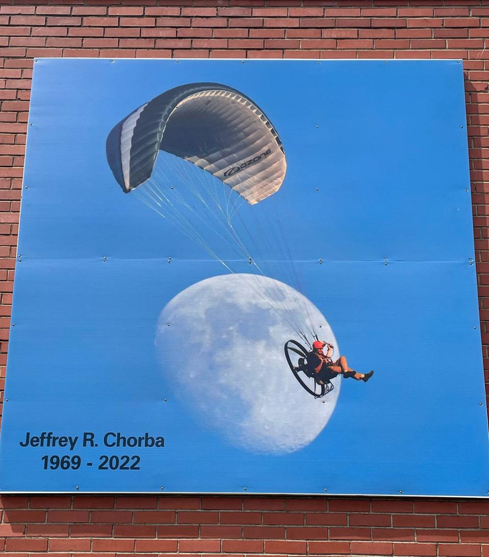 This wonderful photo of Jeff Chorba paramotoring in the skies above Beach Lake was taken by his Mom, Eileen, on July 4, 2017. A giant 8x8 enlargement is on display at Prompton Tool in honor of the first anniversary of Jeff's tragic passing.