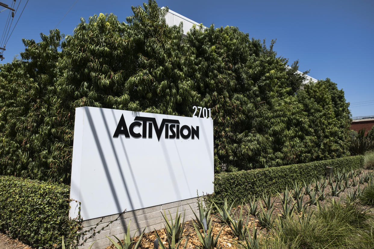 A sign is seen outside the Activision building in Santa Monica, Calif. on Wednesday, June 21, 2023. A federal judge has temporarily blocked Microsoft's planned $69 billion purchase of video game company Activision Blizzard. (AP Photo/Richard Vogel)