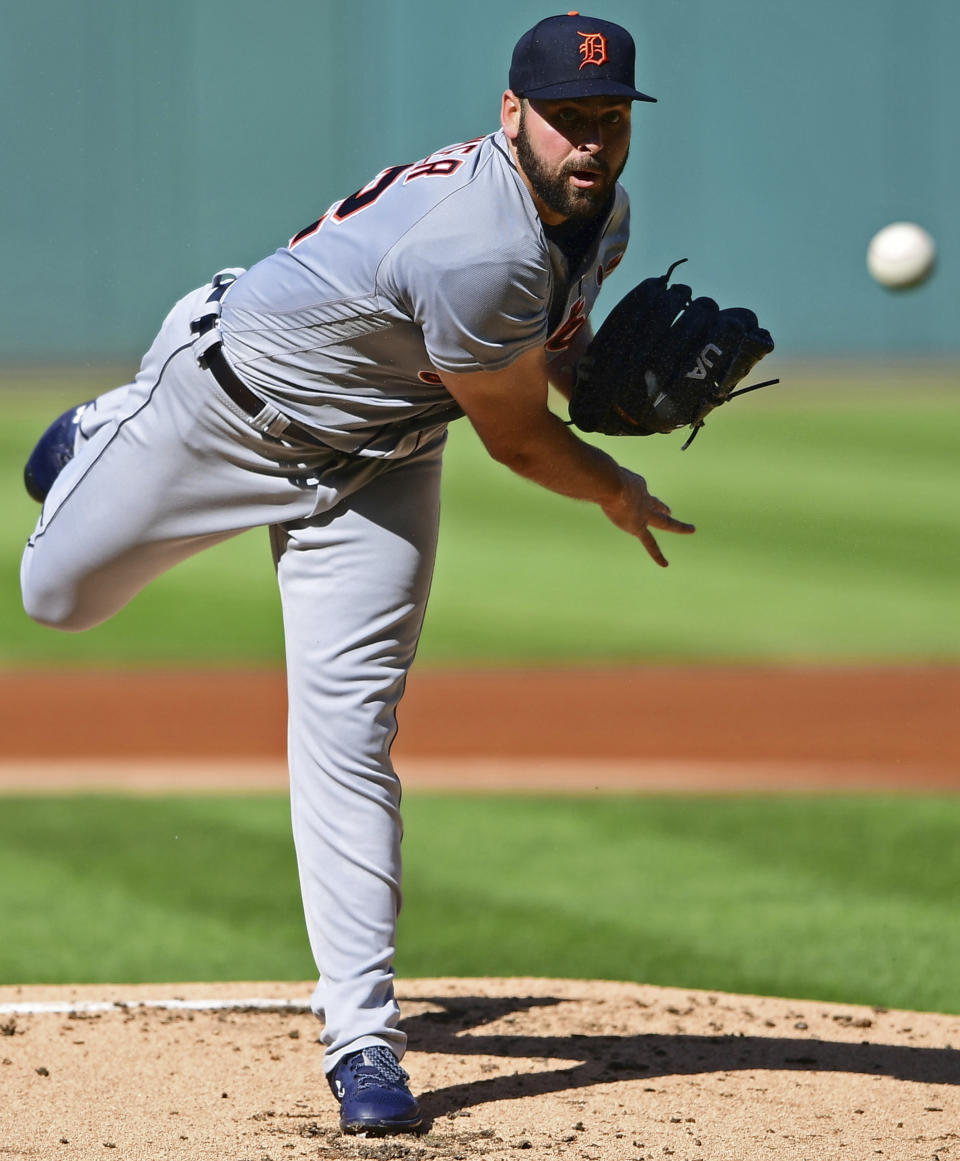 Detroit Tigers starting pitcher Michael Fulmer delivers in the first inning of a baseball game against the Cleveland Indians, Saturday, Sept. 15, 2018, in Cleveland. (AP Photo/David Dermer)