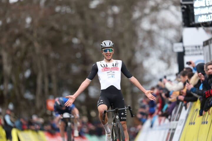 <span class="article__caption">Tadej Pogacar celebrates victory Wednesday at Paris-Nice after dropping Jonas Vingegaard in a key climbing stage.</span> (Photo: DAVID PINTENS/BELGA MAG/AFP via Getty Images)