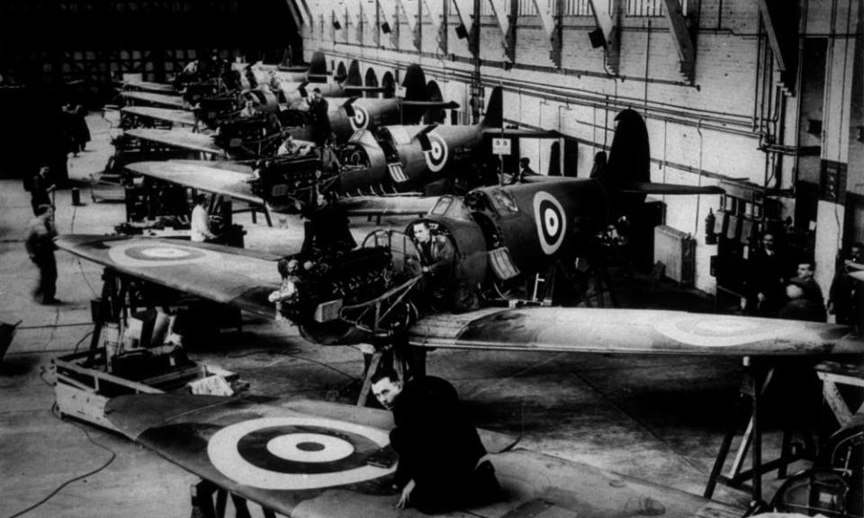 The Spitfire production line at the Vickers Supermarine Works in Southampton around 1940.