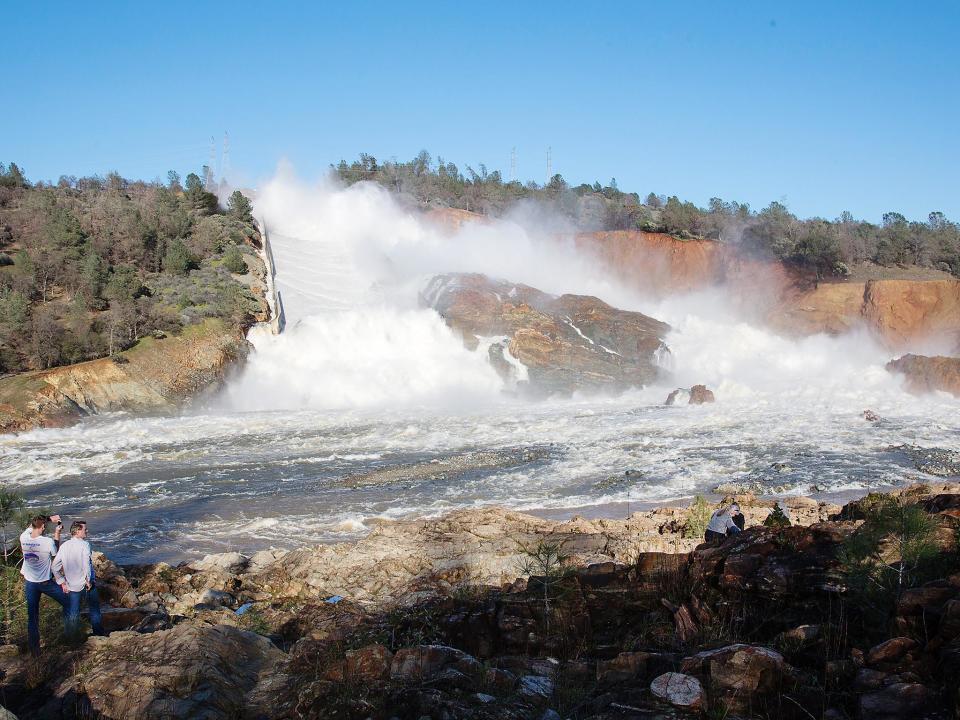 Water cascading into the Feather River from the damaged Oroville Dam spillway in Butte County, USA. Nearly 200,000 people living downstream from the tallest dam in the US were ordered to evacuate their homes over the weekend because an overflow channel appeared to be in danger of imminent collapse (EPA/Dale Kolke)