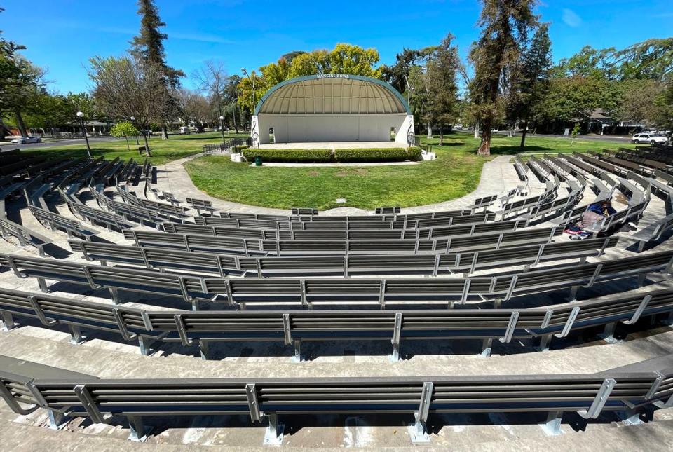 Installation of new bleachers has been completed at Mancini Bowl at Graceada Park in Modesto, Calif., Thursday, April 20, 2023.