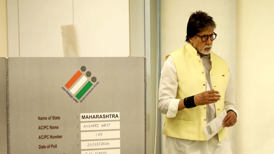 Bollywood actor Amitabh Bachchan at a polling station in Mumbai on May 20, 2024. - Stringer/AFP/Getty Images