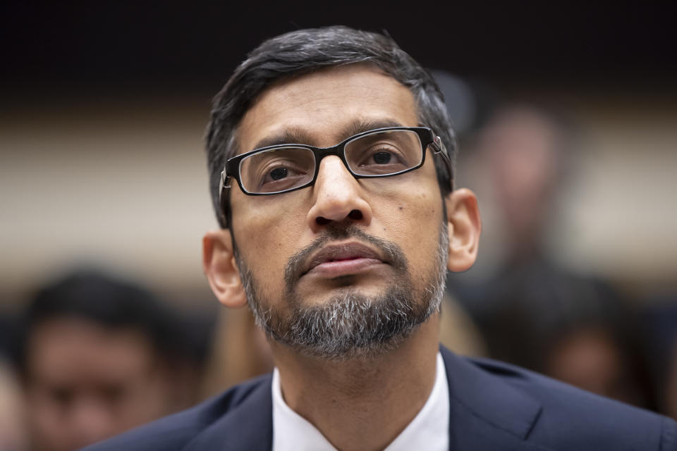 Google CEO Sundar Pichai appears before the House Judiciary Committee to be questioned about the internet giant's privacy security and data collection, on Capitol Hill in Washington, Tuesday, Dec. 11, 2018. Pichai angered members of a Senate panel in September by declining their invitation to testify about foreign governments' manipulation of online services to sway U.S. political elections. (AP Photo/J. Scott Applewhite)