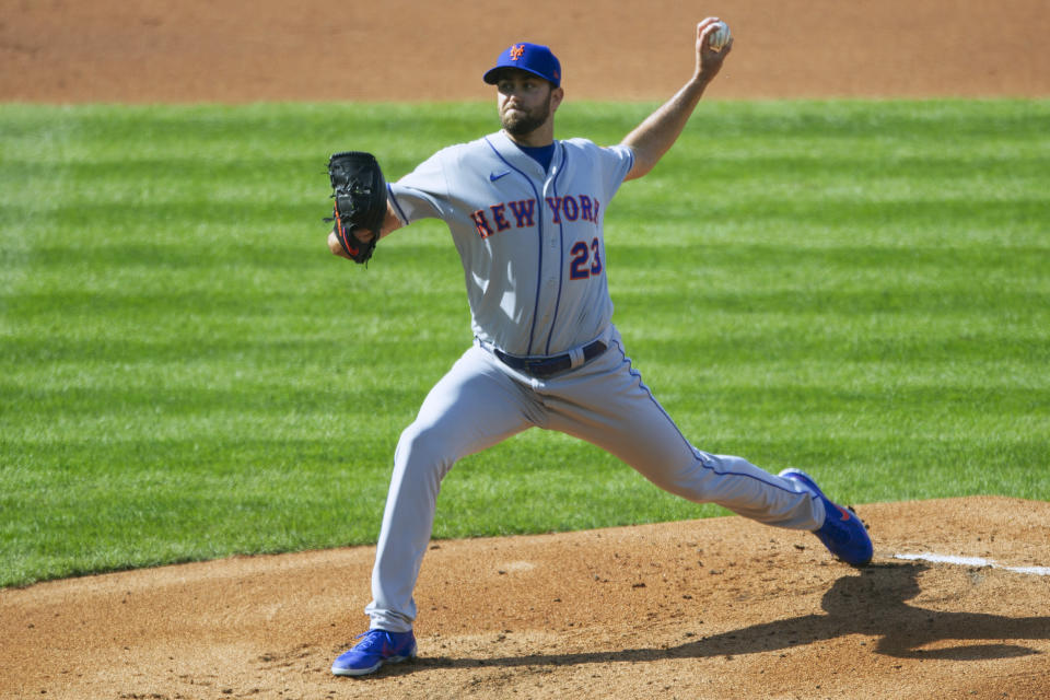 New York Mets starting pitcher David Peterson (23) throws during the first inning of a baseball game against the Philadelphia Phillies, Wednesday, April 7, 2021, in Philadelphia. (AP Photo/Laurence Kesterson)
