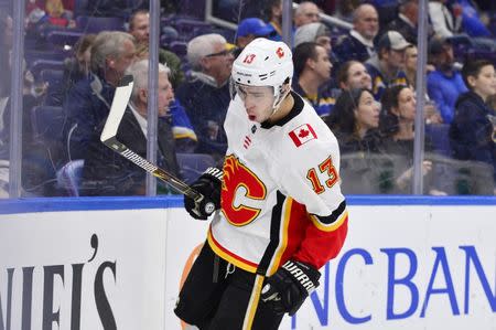 Dec 16, 2018; St. Louis, MO, USA; Calgary Flames left wing Johnny Gaudreau (13) celebrates after scoring against St. Louis Blues goaltender Jordan Binnington (not pictured) during the second period at Enterprise Center. Mandatory Credit: Jeff Curry-USA TODAY Sports