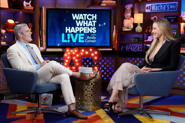 <p> Charles Sykes/Bravo via Getty </p> A photo of Andy Cohen and Jennifer Lawrence during her appearance on 'Watch What Happens Live.'