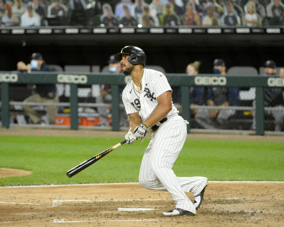 CHICAGO - SEPTEMBER 16:  Jose Abreu #79 of the Chicago White Sox hits a home run after a high inside pitch sailed by his head earlier in the same at bat against the Minnesota Twins on September 16, 2020 at Guaranteed Rate Field in Chicago, Illinois.  (Photo by Ron Vesely/Getty Images)