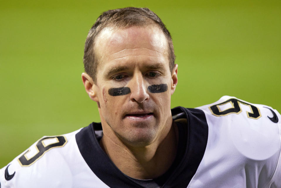 CHICAGO, IL - NOVEMBER 01: New Orleans Saints quarterback Drew Brees (9) looks on in action during a game between the Chicago Bears and the New Orleans Saints on November 01, 2020 at Soldier Stadium, in Chicago, IL. (Photo by Robin Alam/Icon Sportswire via Getty Images)