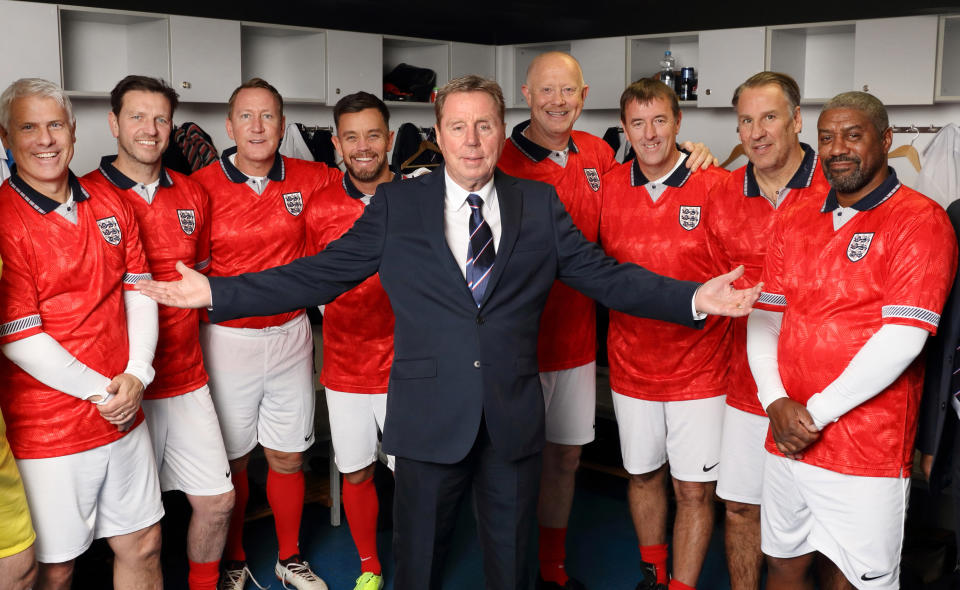 Harry Redknapp is joined by Rob Lee, Lee Sharpe, Ray Parlour, Lee Hendrie, Harry Redknapp, Mark Wright, Matt Le Tissier  Paul Merson, Mark Chamberlain. (Tony Ward/ITV)