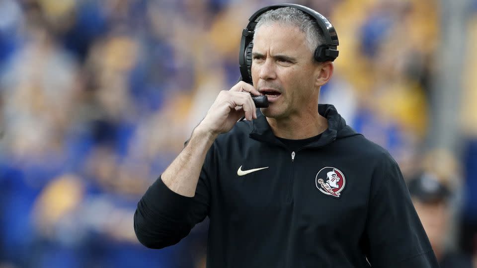 Mike Norvell on the sidelines during the second quarter against the Pittsburgh Panthers. - Charles LeClaire/USA TODAY Sports/Reuters