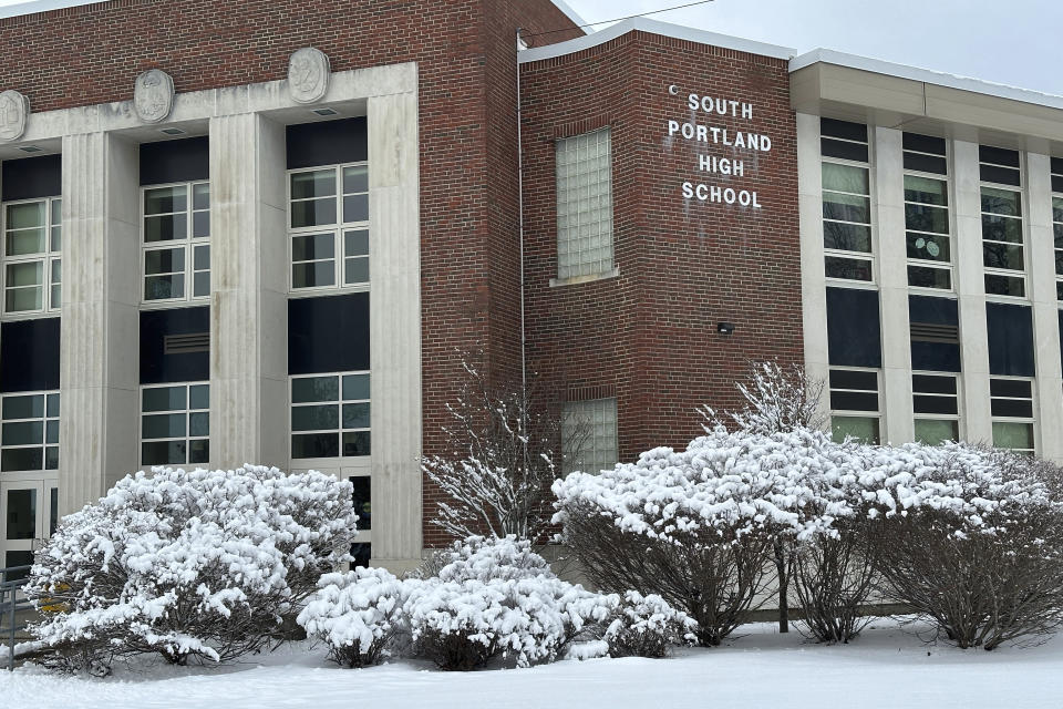 South Portland High School is seen, Monday, Jan. 29, 2024, in South Portland, Maine. The city school district's diversity, equity and inclusion coordinator resigned his position after receiving a threatening, hateful letter from a white supremacist. (AP Photo/David Sharp)