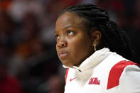 Mississippi head coach Yolett McPhee-McCuin looksat the overhead monitor for a replay of a foul called against her team during the second half of an NCAA college basketball game against Tennessee in Oxford, Miss., Sunday, Jan. 9, 2022. (AP Photo/Rogelio V. Solis)