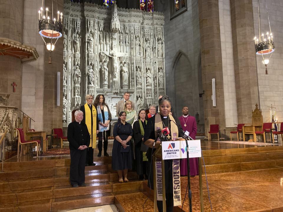 Traci Blackmon speaks during a news conference on Thursday, Jan. 19, 2023, at Christ Church Cathedral in St. Louis. A group of religious leaders who support abortion rights has filed a lawsuit challenging Missouri’s law that bans abortions in nearly all cases, saying lawmakers openly invoked their religious beliefs while drafting the measure and thereby imposed those beliefs on others who don’t share them. (AP Photo/Jim Salter)