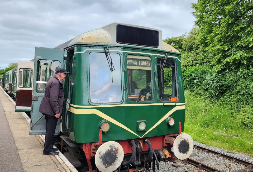 We rode trains pulled by antique diesel and steam locomotives from Epping Forest to Ongar in the UK.