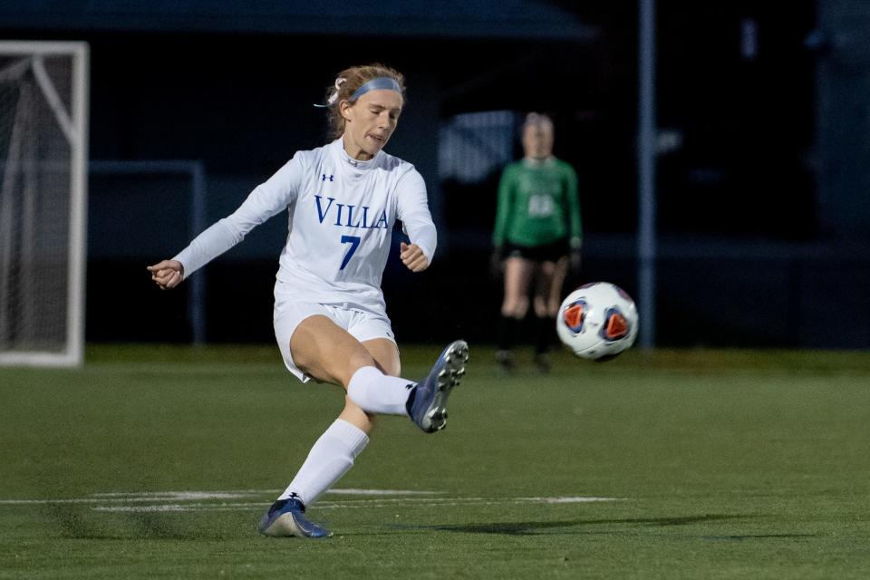 Villa Joseph Marie's Kiley Johnson passes during the District One Class 3A championship game against Radnor at Strath Haven in Wallingford on Thursday, November 4, 2021. The Raptors swept the Jems 3-0 for the district title.