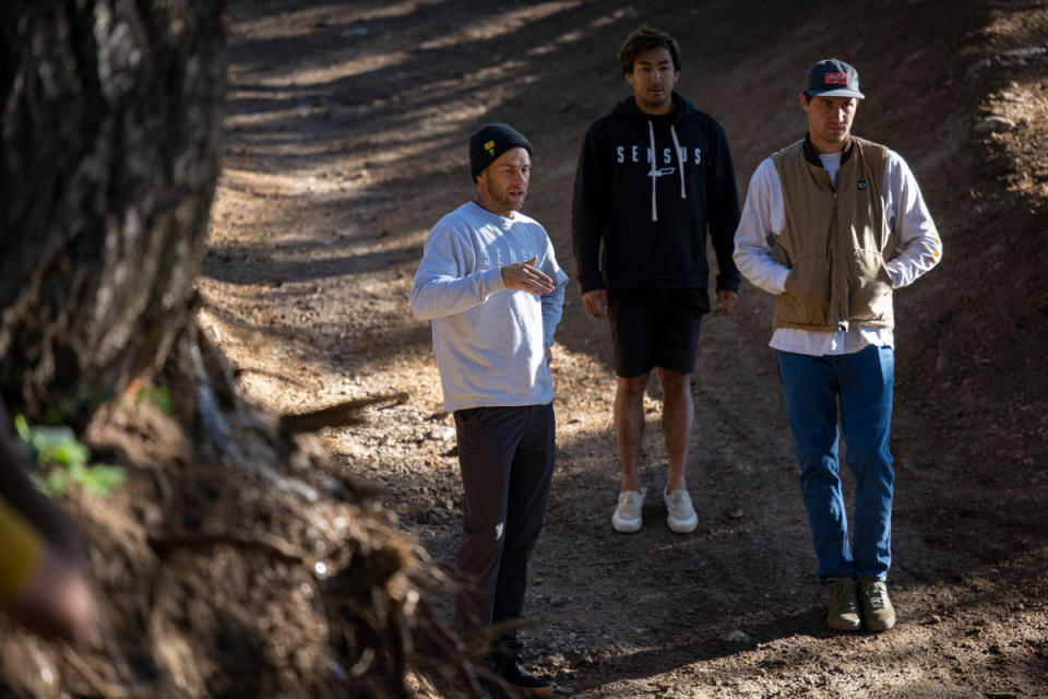 Cam Zink and crew put the finishing touches on Deer Jumps at the Jackson Hole Bike Park.<p>Photo: Eric Parker</p>