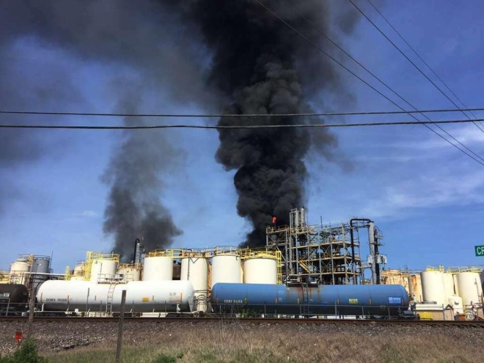 This photo taken by the Harris County Fire Marshal's Office shows the KMCO Chemical plant on fire Tuesday, April 2, 2019, in Crosby, Texas. The Chemical Safety Board is investigating the incident, in which one person died. (Photo: ASSOCIATED PRESS)